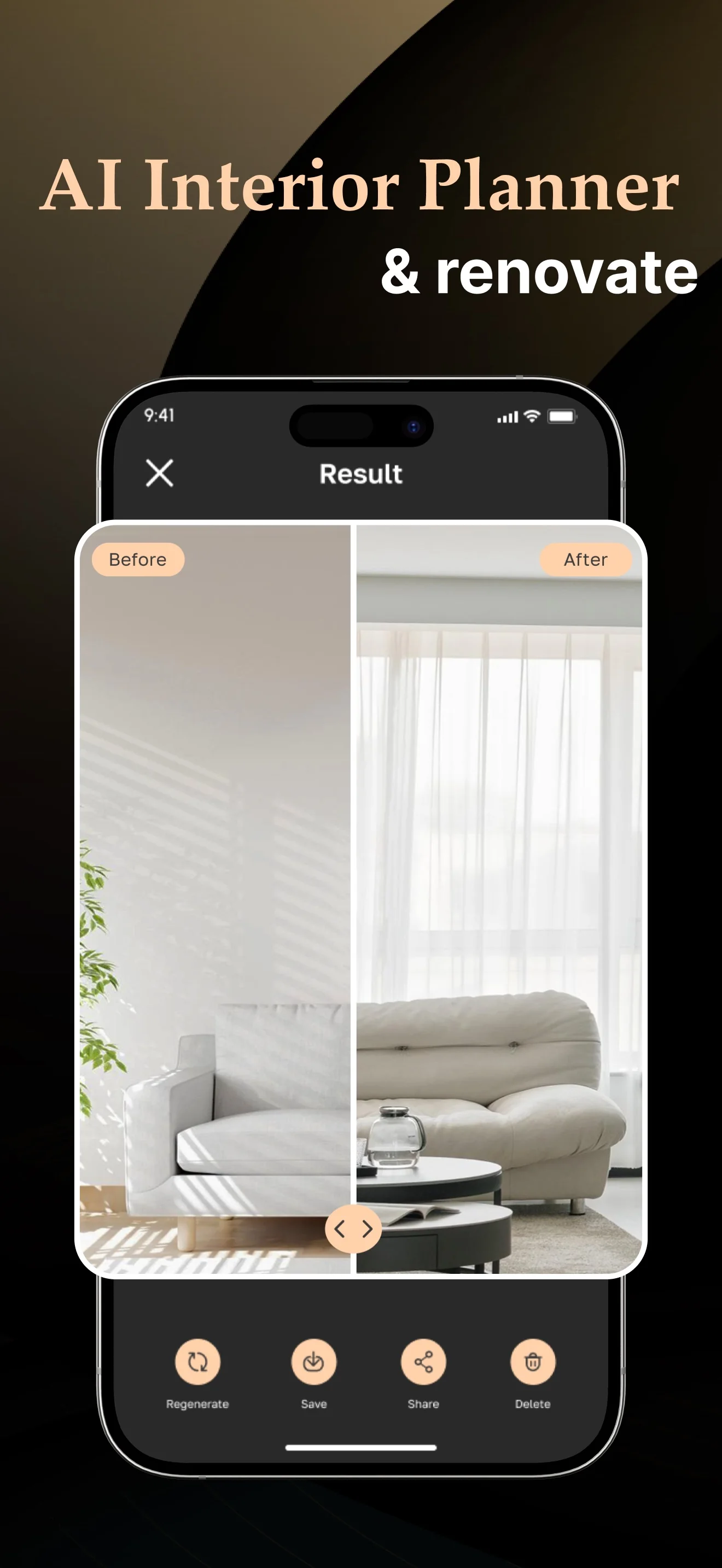 Archi interface showing an original interior beside a new design