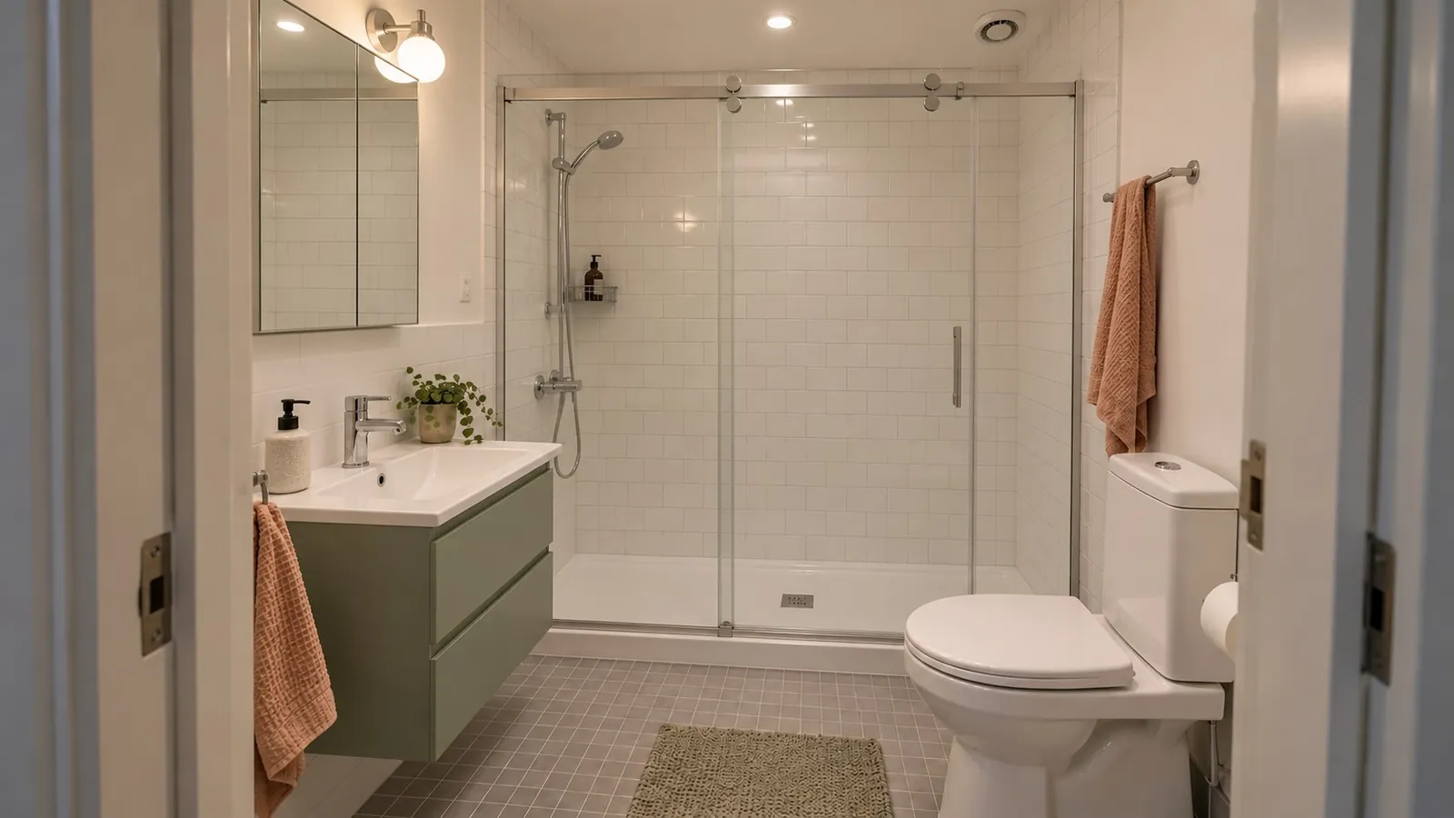 Small bathroom concept with a glass-enclosed shower and floating drawer vanity