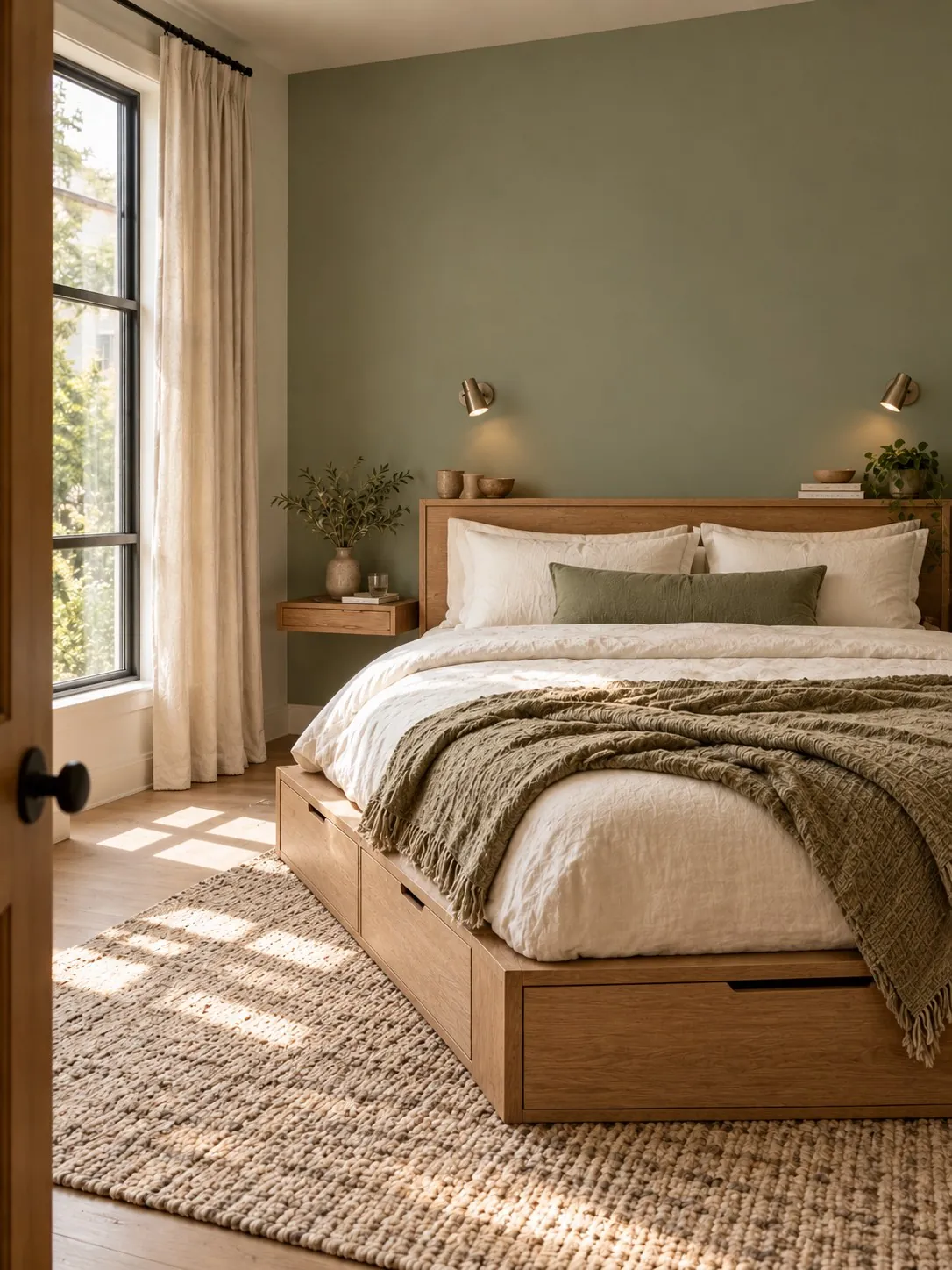 Bedroom concept with a storage platform bed and wall-mounted reading lights