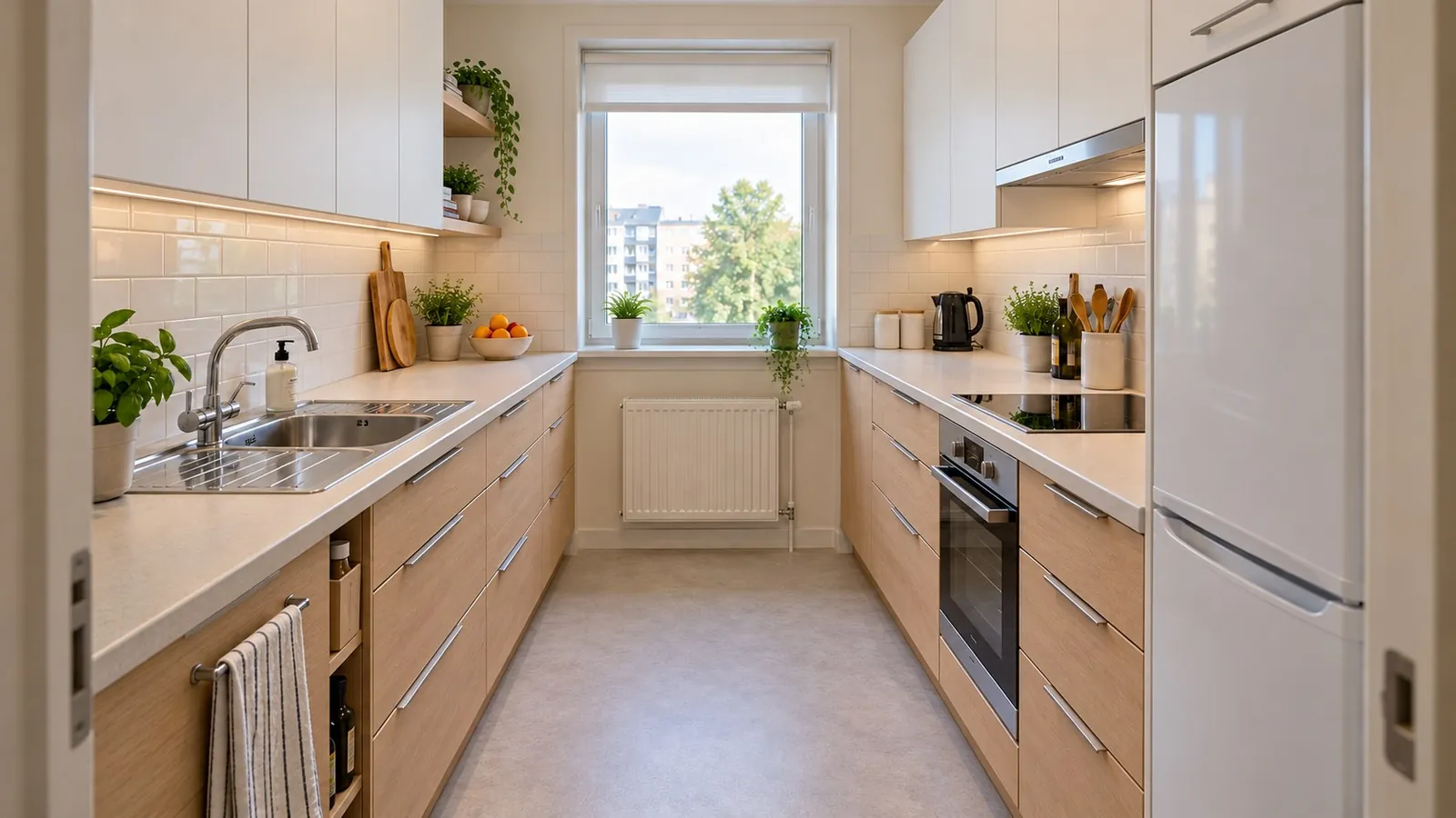 Galley kitchen concept with wide drawers, tall cabinets and a built-in oven